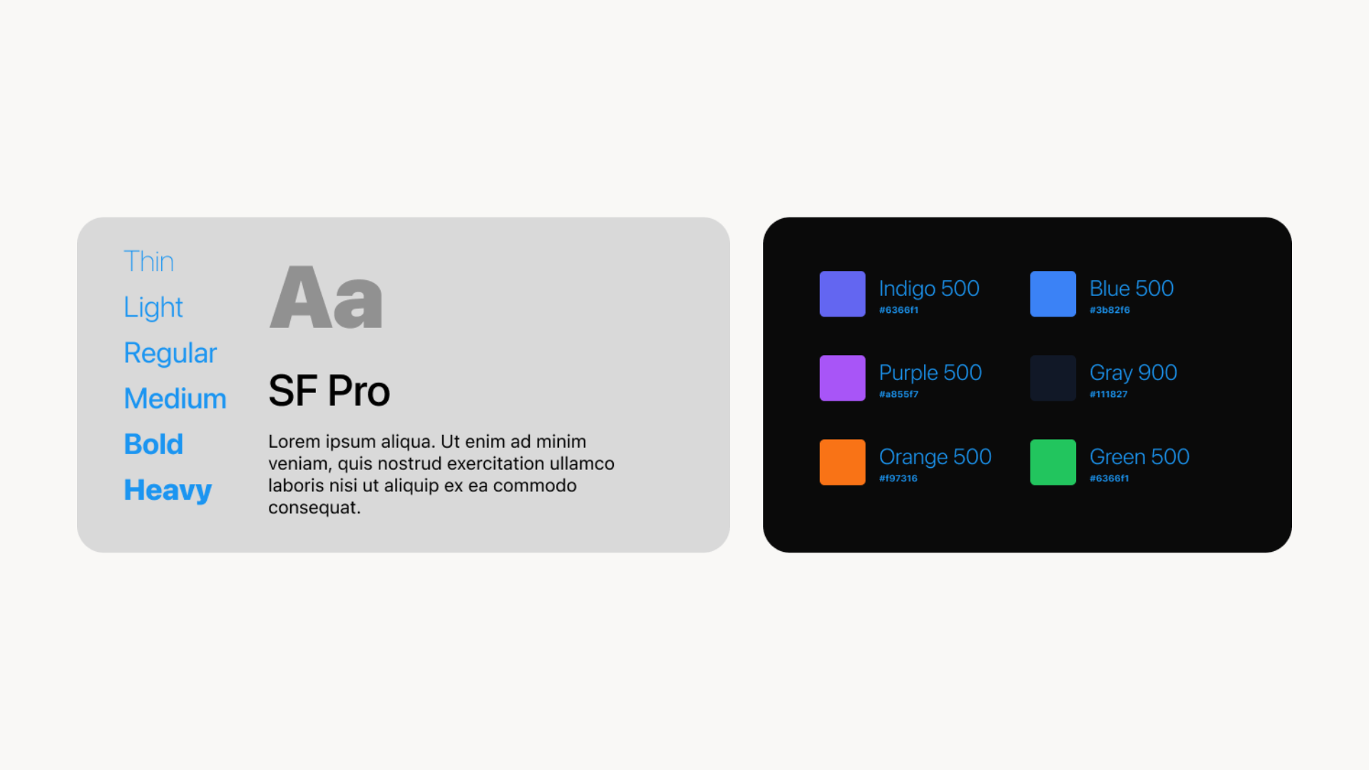 Style guide — SF Pro typography and color palette (Indigo, Blue, Purple, Orange, Green)